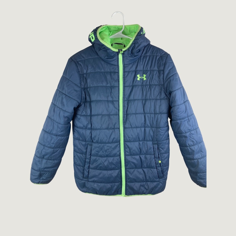 Under Armour Puffer Jacket Boy Girl Sz L Blue Neon Green Hooded School Gorpcore
